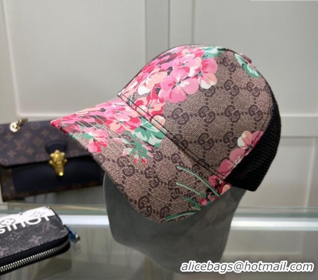 Grade Quality Gucci Beige Canvas and Mesh Baseball Hat with Flora 040301 Pink 2024