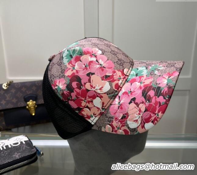 Grade Quality Gucci Beige Canvas and Mesh Baseball Hat with Flora 040301 Pink 2024