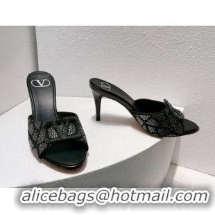 Best Grade Valentino VLogo Heel Slides Sandal 8cm in Toile Iconographe Strass Black/Green 612077