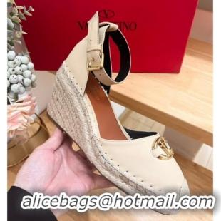 Grade Quality Valentino The Bold Edition VLogo Espadrille Wedge Pumps in Grained Calfskin Beige 612078