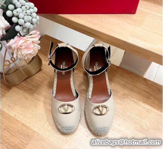 Grade Quality Valentino The Bold Edition VLogo Espadrille Wedge Pumps in Grained Calfskin Beige 612078