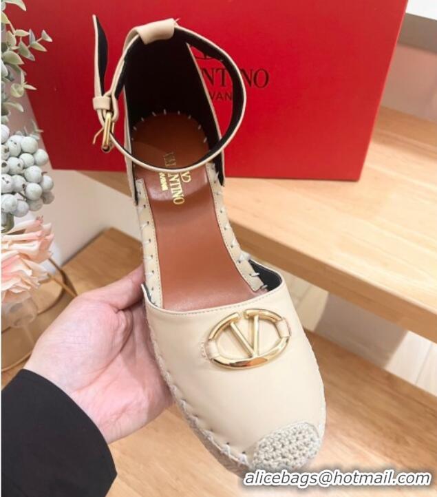 Grade Quality Valentino The Bold Edition VLogo Espadrille Wedge Pumps in Grained Calfskin Beige 612078