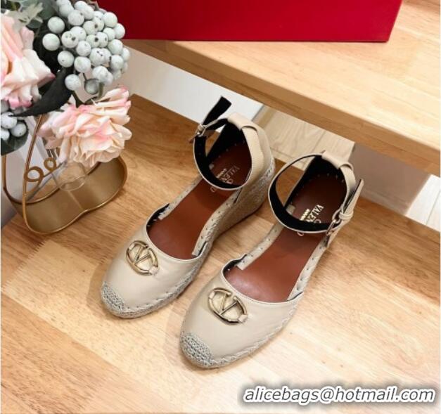 Grade Quality Valentino The Bold Edition VLogo Espadrille Wedge Pumps in Grained Calfskin Beige 612078