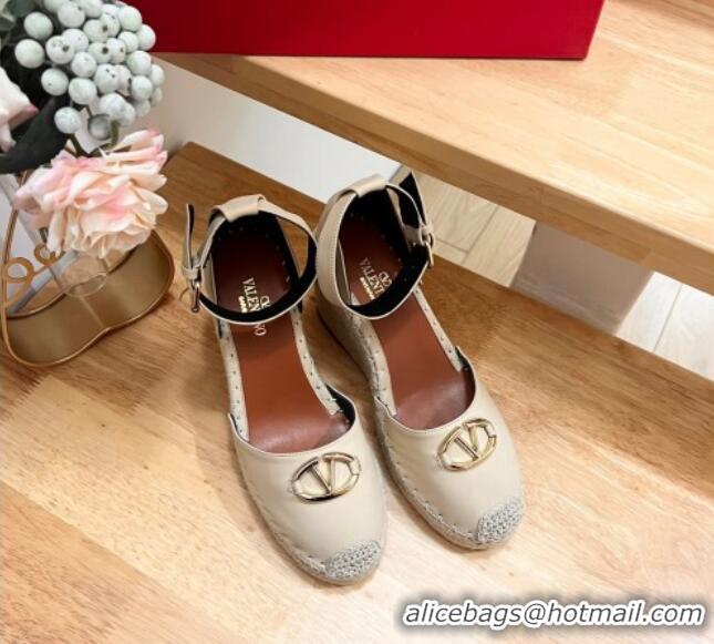 Grade Quality Valentino The Bold Edition VLogo Espadrille Wedge Pumps in Grained Calfskin Beige 612078