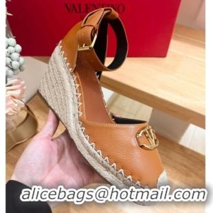 Charming Valentino The Bold Edition VLogo Espadrille Wedge Pumps in Grained Calfskin Brown 612079