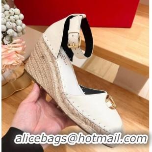 Buy Discount Valentino The Bold Edition VLogo Espadrille Wedge Pumps in Grained Calfskin White 612080