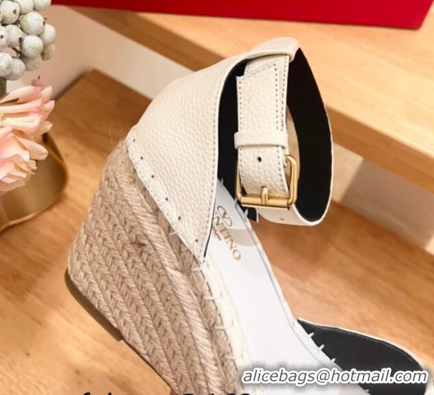 Buy Discount Valentino The Bold Edition VLogo Espadrille Wedge Pumps in Grained Calfskin White 612080