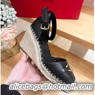 Best Price Valentino The Bold Edition VLogo Espadrille Wedge Pumps in Grained Calfskin Black 612081