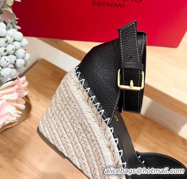 Best Price Valentino The Bold Edition VLogo Espadrille Wedge Pumps in Grained Calfskin Black 612081