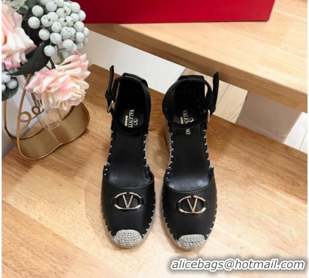 Best Price Valentino The Bold Edition VLogo Espadrille Wedge Pumps in Grained Calfskin Black 612081