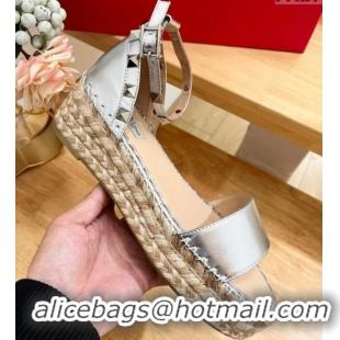 Good Quality Valentino Rockstud Espadrille Platform Sandals in Grained Calfskin Silver 612083