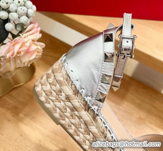 Good Quality Valentino Rockstud Espadrille Platform Sandals in Grained Calfskin Silver 612083