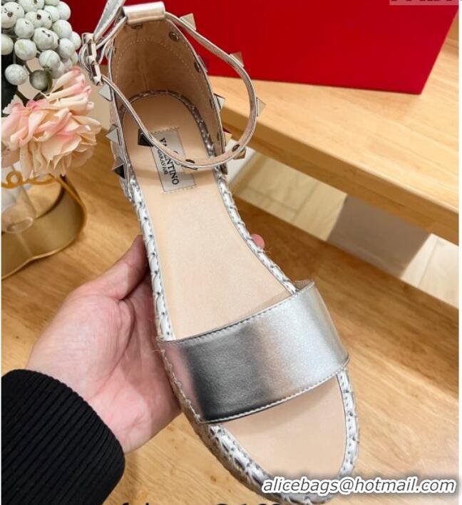 Good Quality Valentino Rockstud Espadrille Platform Sandals in Grained Calfskin Silver 612083