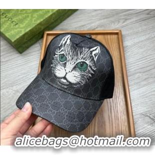 Modern Classic Gucci GG Canvas Baseball Hat with Cat Print 0403 Black 2024