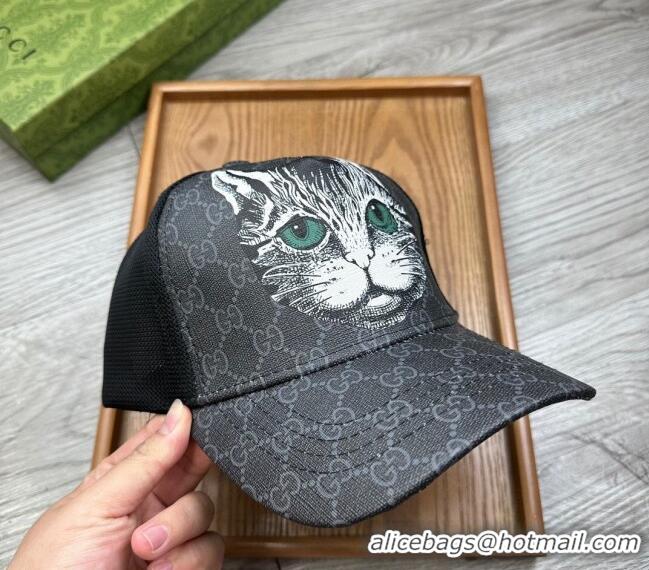 Modern Classic Gucci GG Canvas Baseball Hat with Cat Print 0403 Black 2024