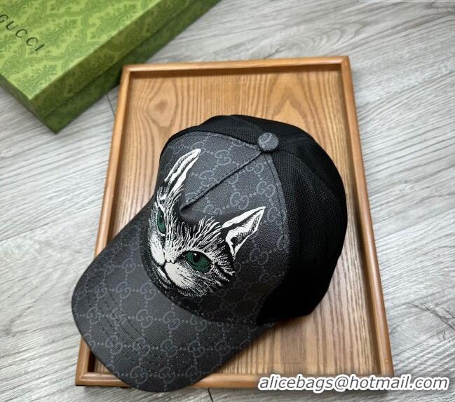 Modern Classic Gucci GG Canvas Baseball Hat with Cat Print 0403 Black 2024