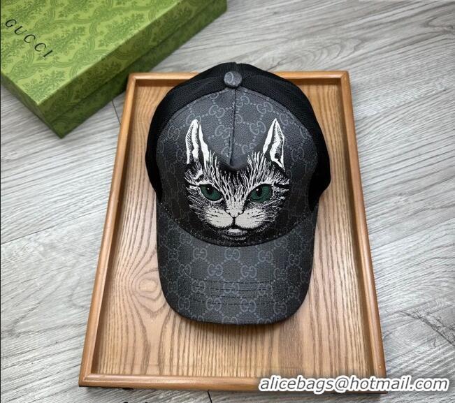 Modern Classic Gucci GG Canvas Baseball Hat with Cat Print 0403 Black 2024