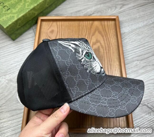 Modern Classic Gucci GG Canvas Baseball Hat with Cat Print 0403 Black 2024