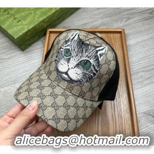 Modern Classic Gucci GG Canvas Baseball Hat with Cat Print 0403 Beige 2024