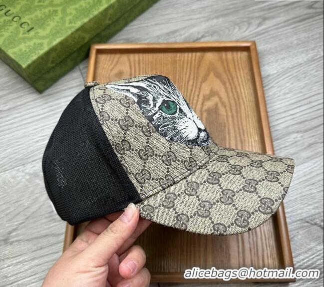 Modern Classic Gucci GG Canvas Baseball Hat with Cat Print 0403 Beige 2024