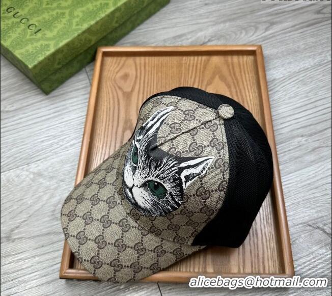 Modern Classic Gucci GG Canvas Baseball Hat with Cat Print 0403 Beige 2024