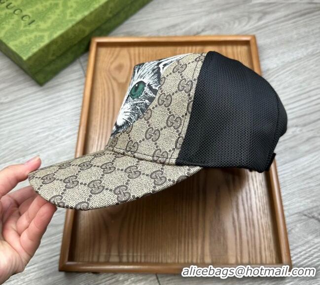 Modern Classic Gucci GG Canvas Baseball Hat with Cat Print 0403 Beige 2024