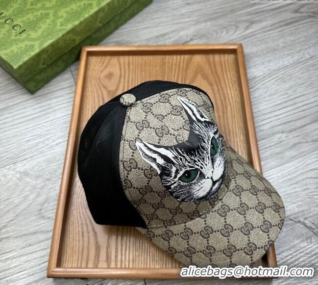 Modern Classic Gucci GG Canvas Baseball Hat with Cat Print 0403 Beige 2024