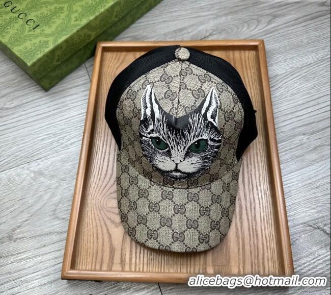 Modern Classic Gucci GG Canvas Baseball Hat with Cat Print 0403 Beige 2024