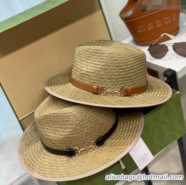 Top Quality Gucci Horsebit Straw Wide Brim Hat 0514 Brown 2024