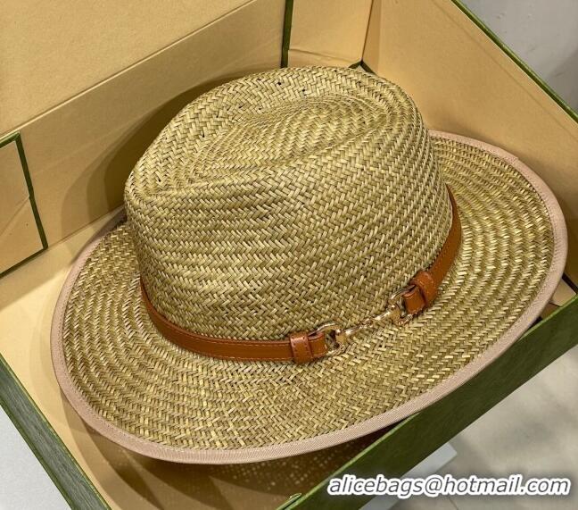 Top Quality Gucci Horsebit Straw Wide Brim Hat 0514 Brown 2024