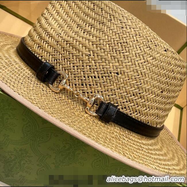 Low Cost Gucci Horsebit Straw Wide Brim Hat 0514 Black 2024