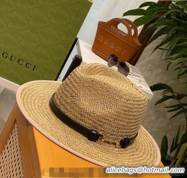 Low Cost Gucci Horsebit Straw Wide Brim Hat 0514 Black 2024