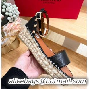 Unique Style Valentino Rockstud Espadrille Platform Sandals in Grained Calfskin Black 612085