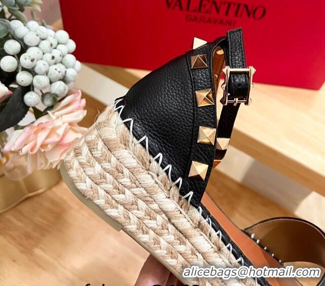 Unique Style Valentino Rockstud Espadrille Platform Sandals in Grained Calfskin Black 612085