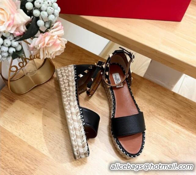 Unique Style Valentino Rockstud Espadrille Platform Sandals in Grained Calfskin Black 612085