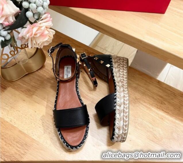 Unique Style Valentino Rockstud Espadrille Platform Sandals in Grained Calfskin Black 612085