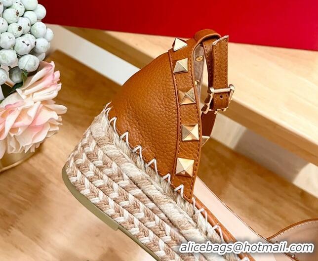 Best Grade Valentino Rockstud Espadrille Platform Sandals in Grained Calfskin Brown 612084