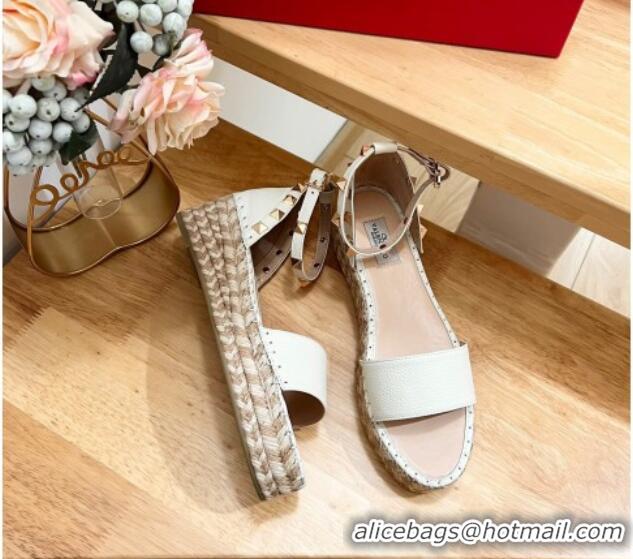 Best Product Valentino Rockstud Espadrille Platform Sandals in Grained Calfskin White 612086