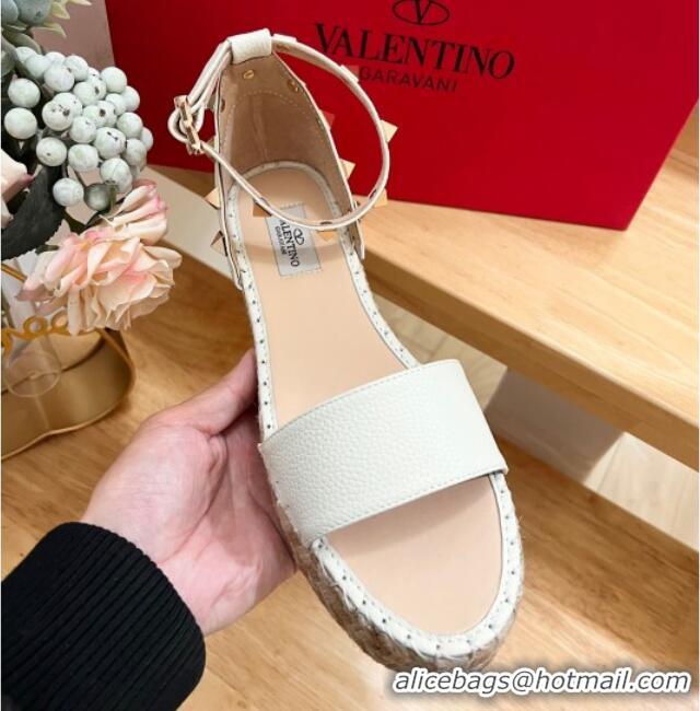 Best Product Valentino Rockstud Espadrille Platform Sandals in Grained Calfskin White 612086