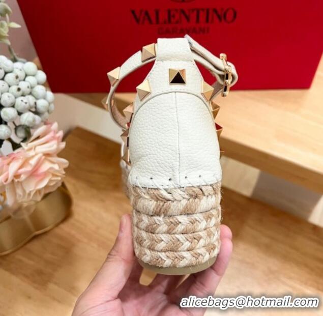 Best Product Valentino Rockstud Espadrille Platform Sandals in Grained Calfskin White 612086