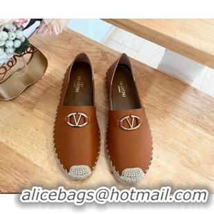 Best Price Valentino The Bold Edition VLogo Espadrilles Flats in Grained Calfskin Brown 612089