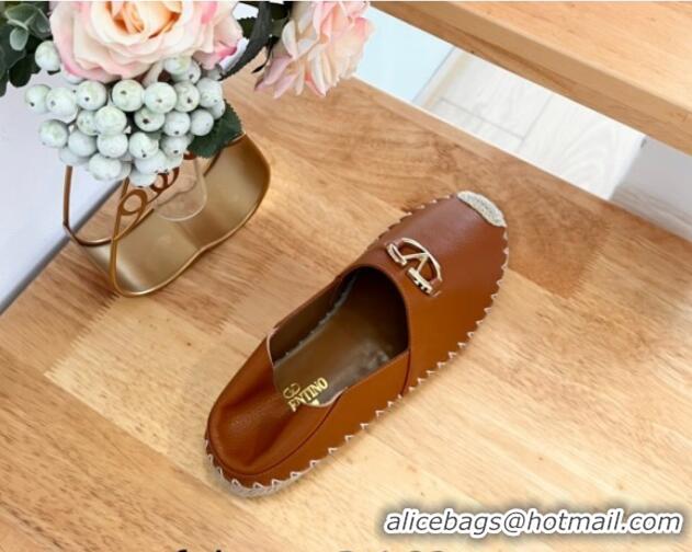 Best Price Valentino The Bold Edition VLogo Espadrilles Flats in Grained Calfskin Brown 612089