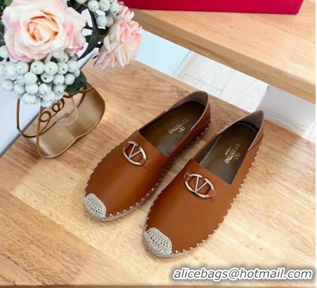 Best Price Valentino The Bold Edition VLogo Espadrilles Flats in Grained Calfskin Brown 612089