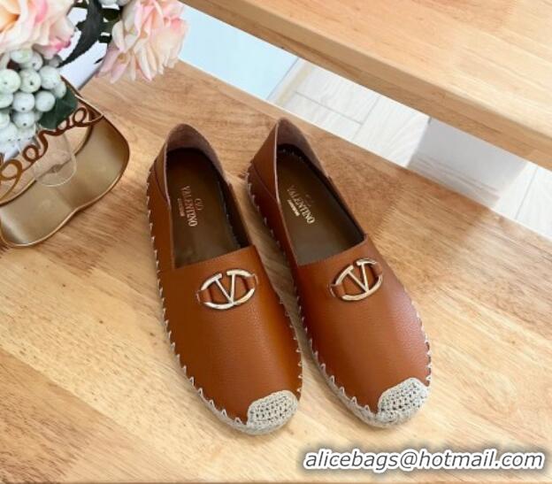 Best Price Valentino The Bold Edition VLogo Espadrilles Flats in Grained Calfskin Brown 612089