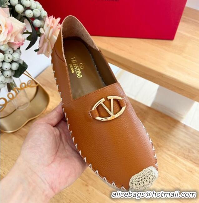 Best Price Valentino The Bold Edition VLogo Espadrilles Flats in Grained Calfskin Brown 612089