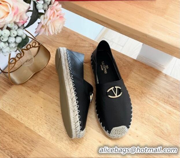 Buy Discount Valentino The Bold Edition VLogo Espadrilles Flats in Grained Calfskin Black 612090