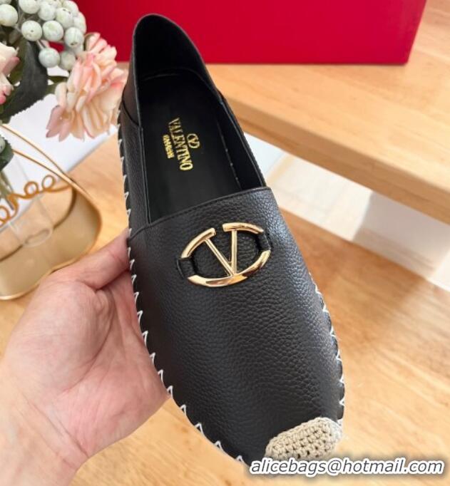 Buy Discount Valentino The Bold Edition VLogo Espadrilles Flats in Grained Calfskin Black 612090