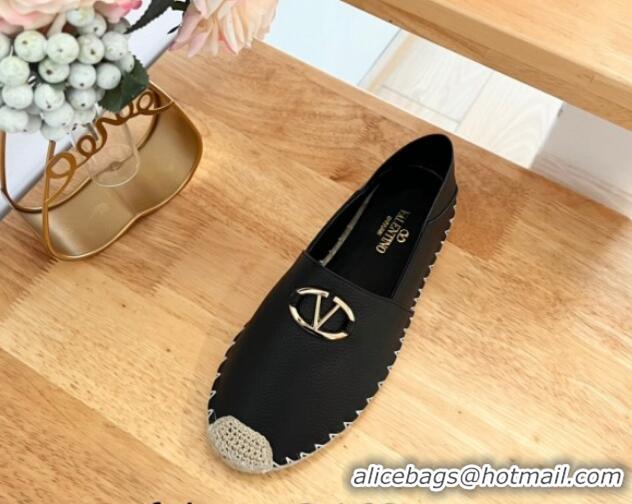 Buy Discount Valentino The Bold Edition VLogo Espadrilles Flats in Grained Calfskin Black 612090