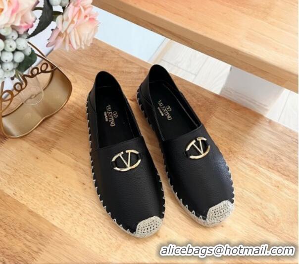 Buy Discount Valentino The Bold Edition VLogo Espadrilles Flats in Grained Calfskin Black 612090