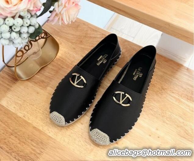 Buy Discount Valentino The Bold Edition VLogo Espadrilles Flats in Grained Calfskin Black 612090